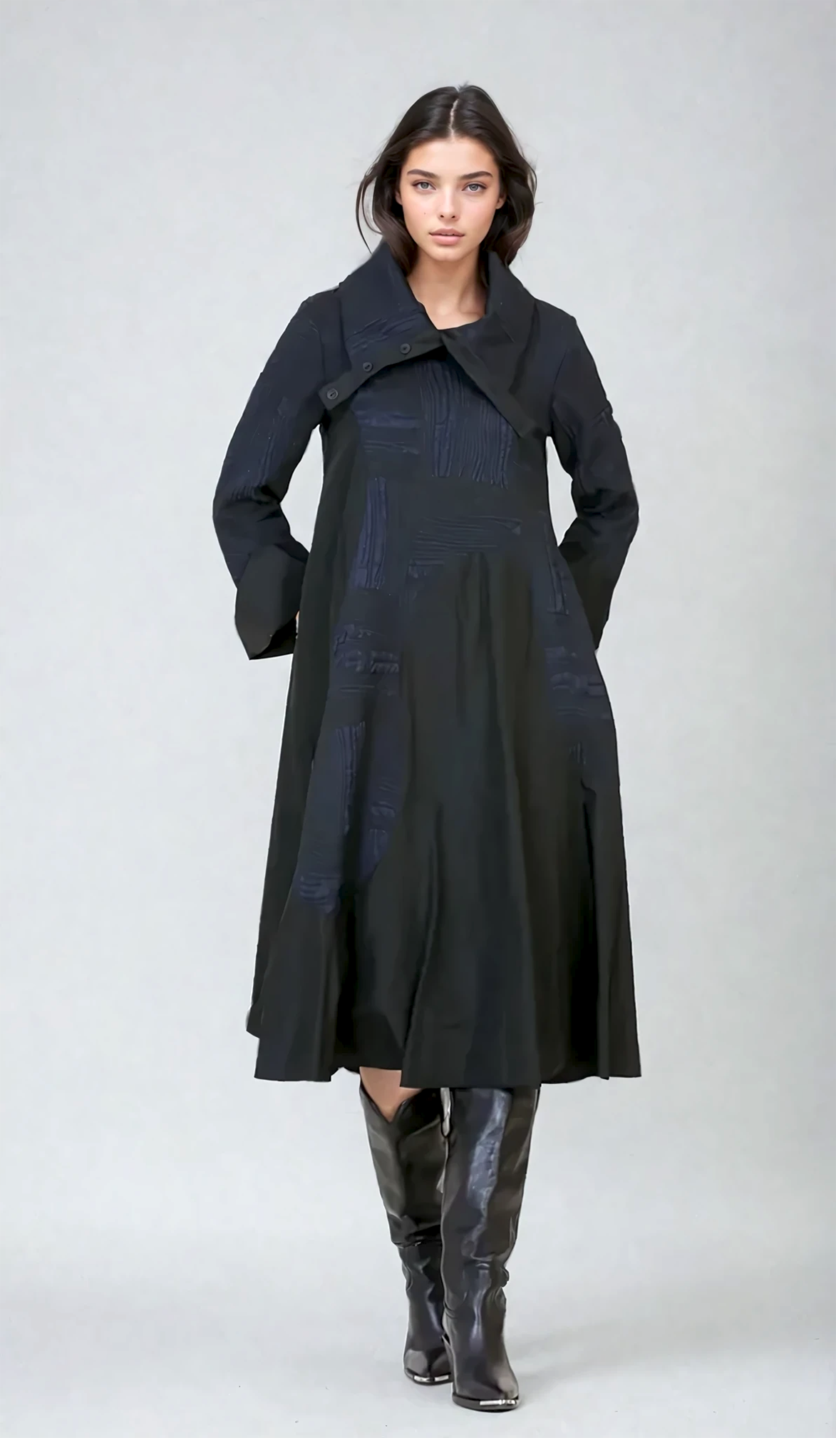 Wide Collar Dress - Navy Blue